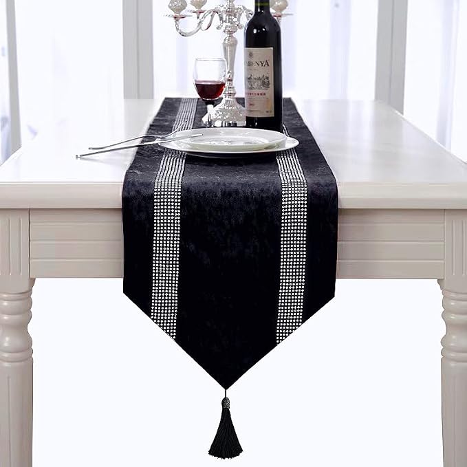 Elegant Black Table Runner, Ombre Velvet, Sequin Rhinestone, Dual Bling - Image 4