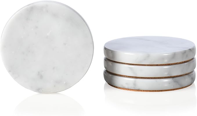 Real Natural Marble Coasters Set of 4, Carrara White Coaster 4 inch, Modern by HAMAKAWA