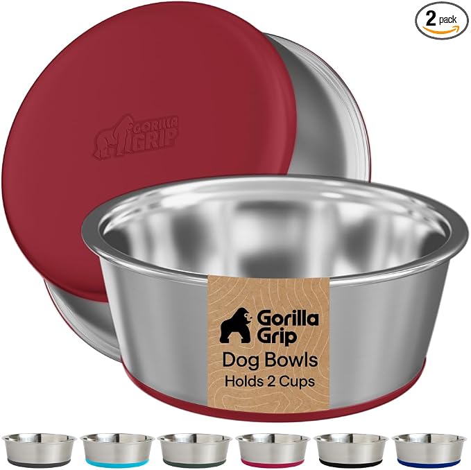 GORILLA GRIP Dog Bowls, Food Grade 304 Stainless Steel, Holds 2 Cups Each Food by Unknown