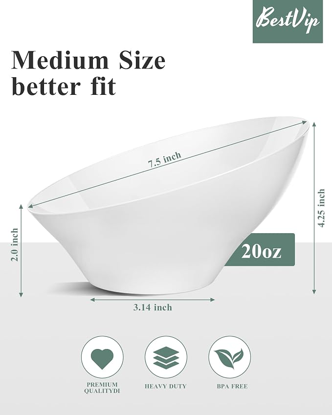BESTVIP 20 Oz White Plastic Angled Serving Bowls, 12 Pack | Disposable Bowls - Image 3