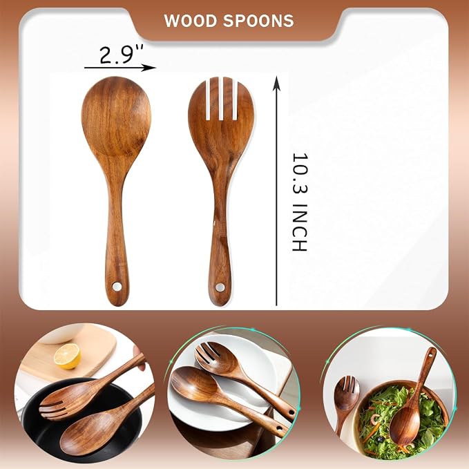Teak Wooden Forks for Salad Serving Set of 2, 10.2-Inch Teak Wooden Serving - Image 3