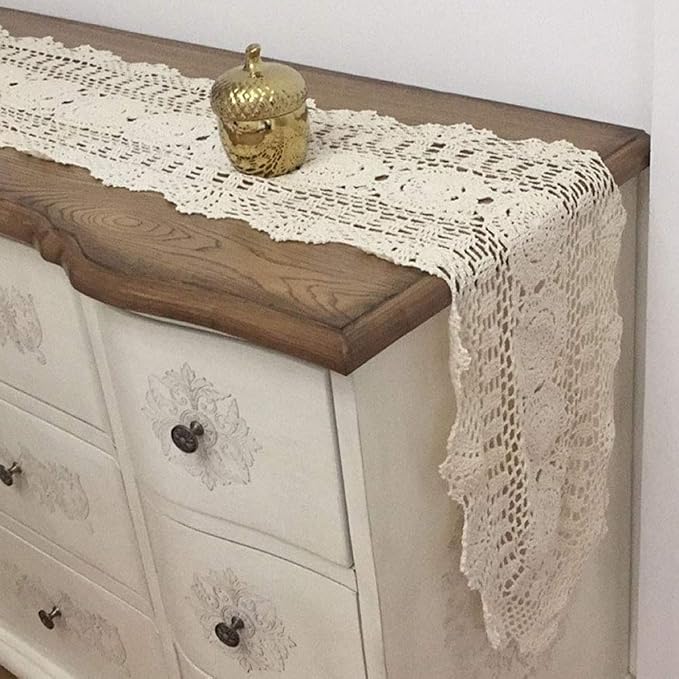 Cotton Handmade Crochet Lace Oval Table Runner Beige 12x36 Inch - Image 6