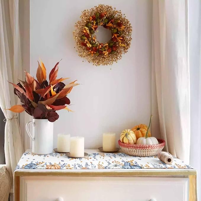 Blue Pumpkin Fall Table Runner 48 Inches Long, Thanksgiving Floral Eucalyptus - Image 3