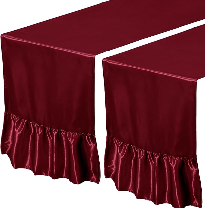 2 Pack Burgundy Satin Table Runner 12 x 108 Inch | Ruffle Design, Luxurious - Image 7