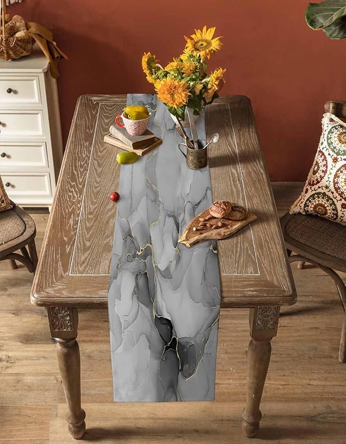 Grey Marble Short Table Runners 48 Inches, Cotton Linen Fabric Table Runner - Image 4