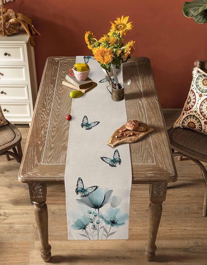 Turquoise Floral Table Runners 90 Inches Long, Spring Flowers Butterfly Table - Image 4