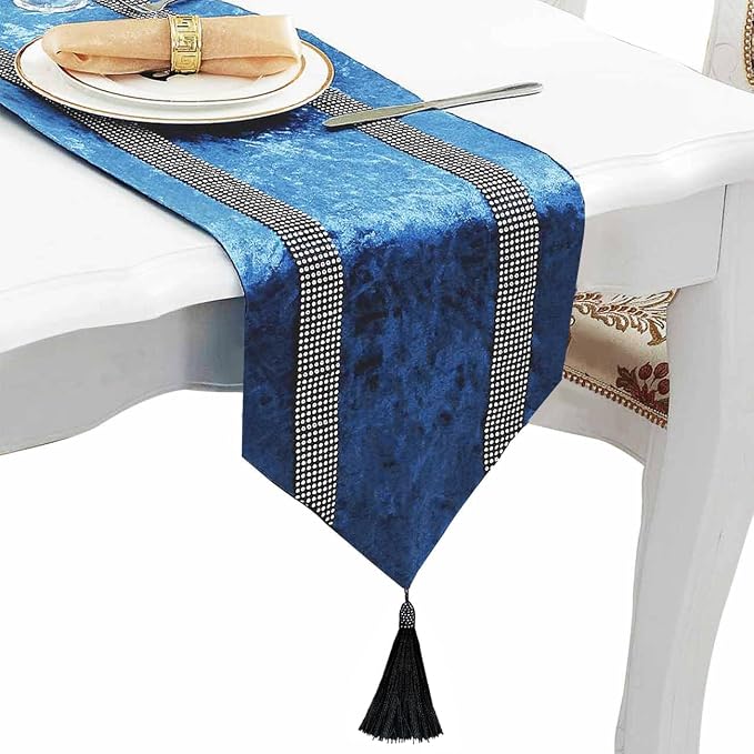 Fancy Blue Table Runner, Ombre Velvet, Double-Layer, by Jiino