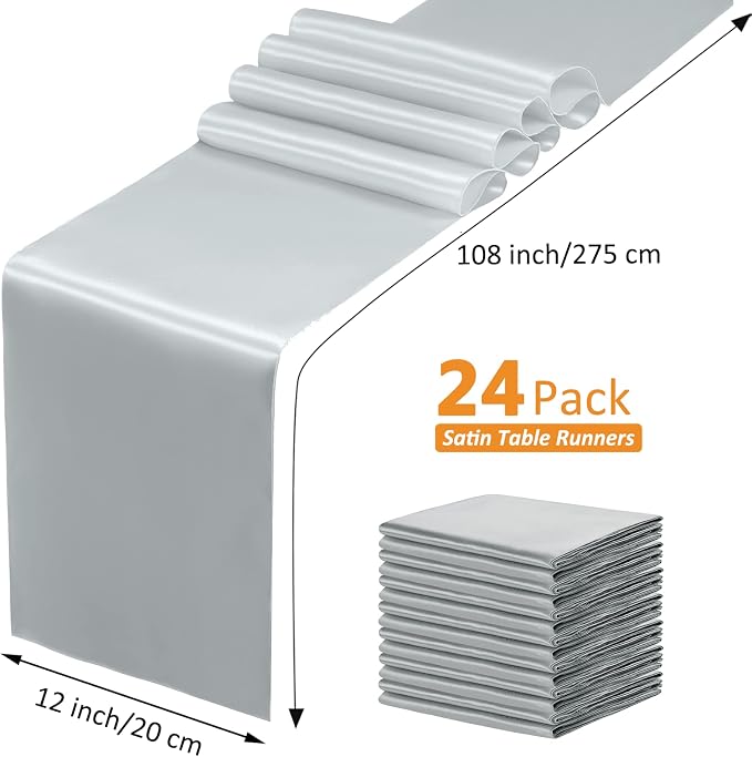 SiinvdaBZX 24 Pcs Silver Satin Table Runner 12 x 108 inches Long | Bright - Image 4