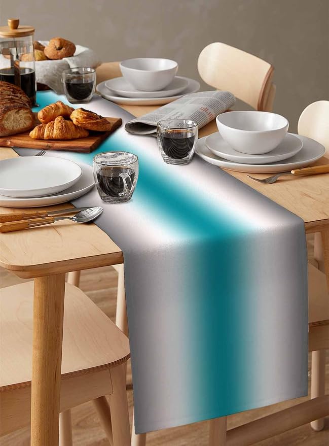 Turquoise Gray Ombre Table Runners 108 Inches Long, Farmhouse Teal Gradient - Image 3