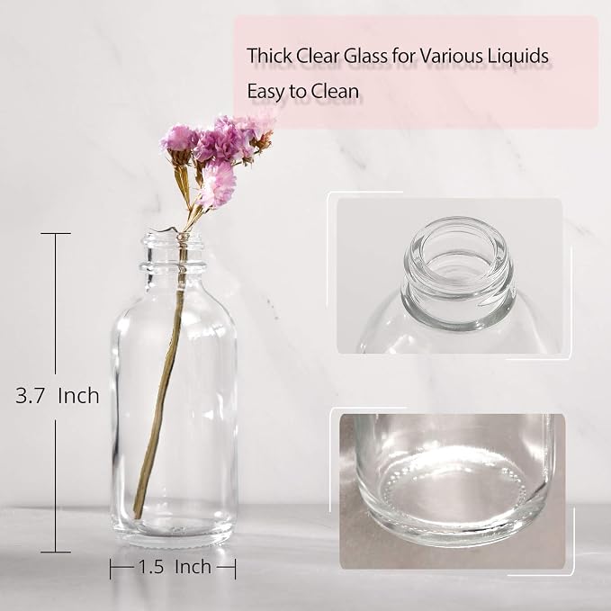 18 Pack, 2 oz Small Clear Glass Bottles w/ Lid & 4 Stainless Steel Funnels - - Image 3