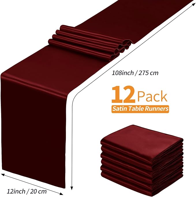 SiinvdaBZX 24 Pcs Burgundy Satin Table Runner 12 x 108 inches Long | Bright - Image 4