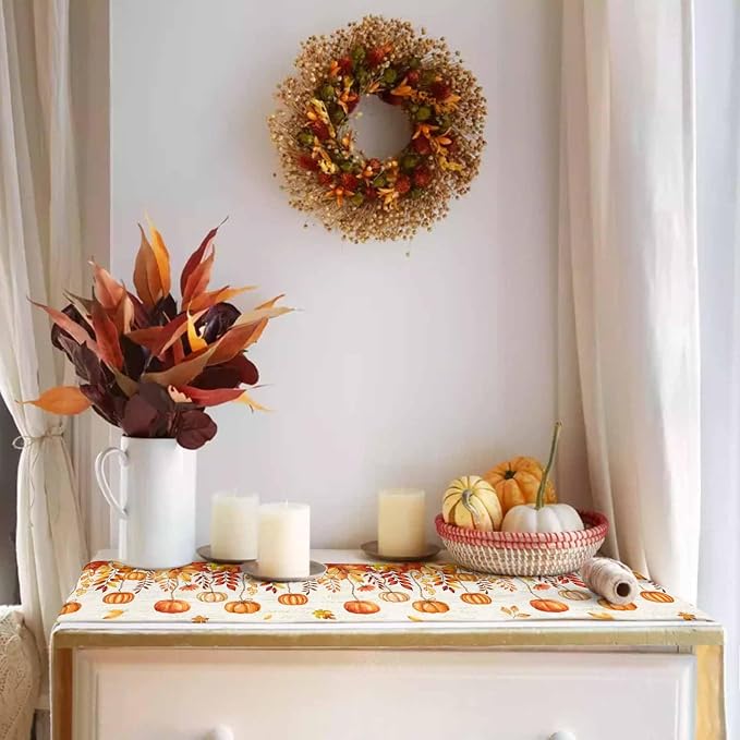 Orange Pumpkin Fall Table Runner 90 Inches Long, Thanksgiving Maple Eucalyptus - Image 3