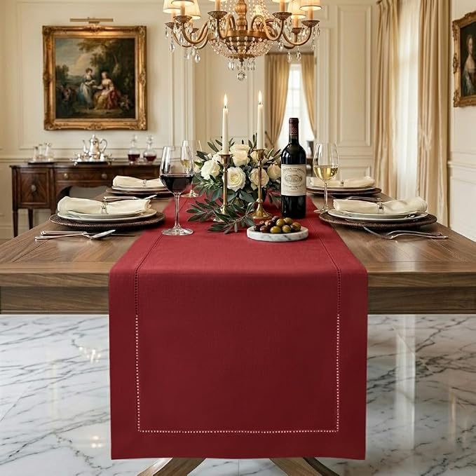 Signature Linen™ by D'Moksha Red Table Runner 120 Inches Long, 100% Pure Linen by DMokshaHomes