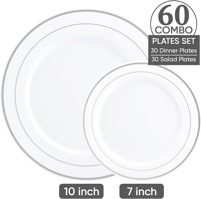 FOCUSLINE Silver Plastic Plates Set of 60, Disposable Plates - Image 2
