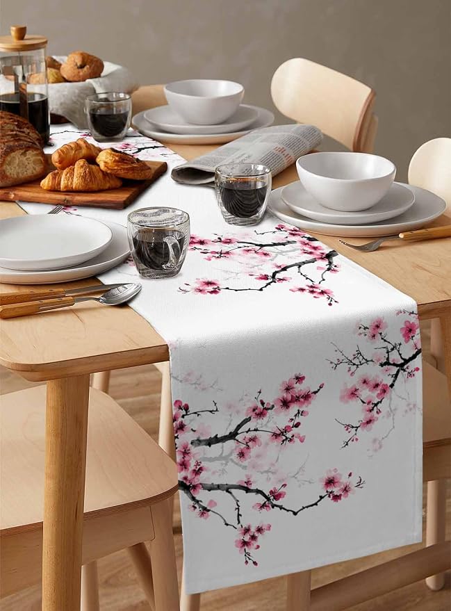 Pink Cherry Flowers Table Runners 120 Inches Long, Cotton Linen Fabric Table - Image 3