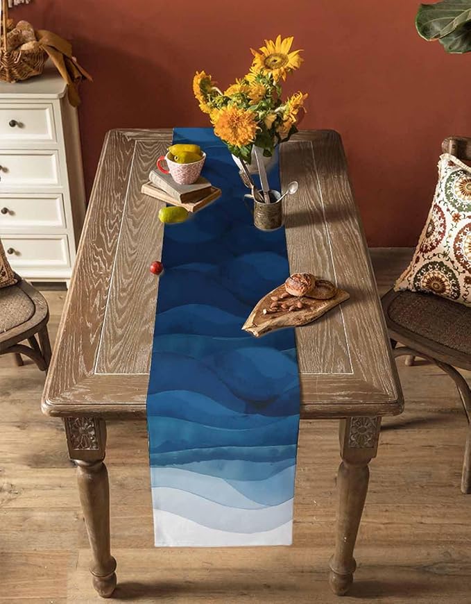 Navy Blue Ombre Table Runners 108 Inches Long, Abstract Modern Stripe Table - Image 4