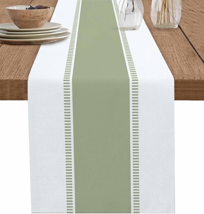 Sage Green Stripe Table Runners 90 inches Long, Linen Boho Table Runner by Futuregrace