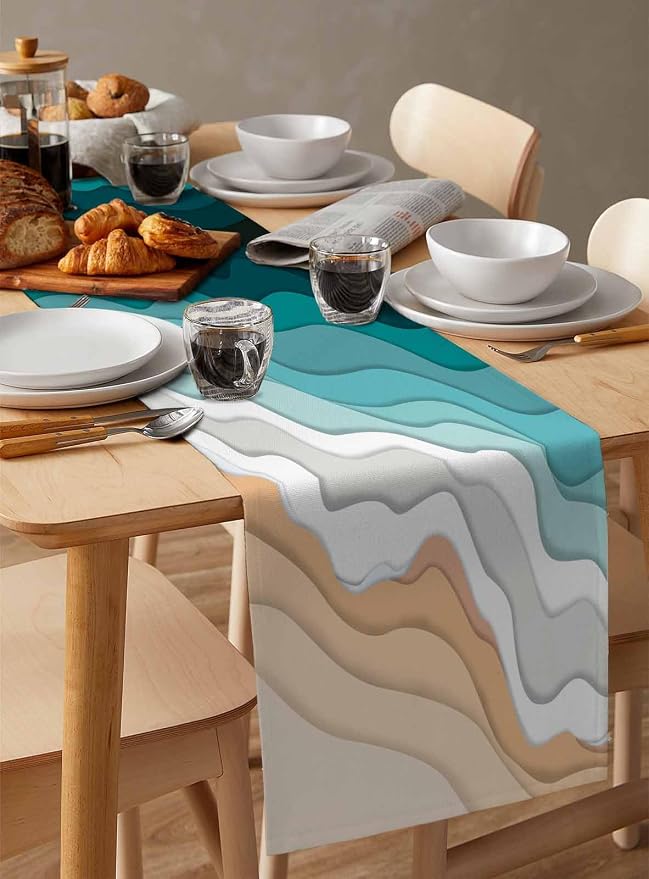 Turquoise Geometric Beach Table Runners 90 Inches Long, Cotton Linen Fabric - Image 3