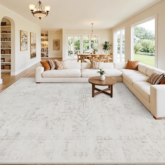 10x14 Area Rug for Living Room: Vintage Boho Neutral Washable Rug Indoor Soft by Luxturiy