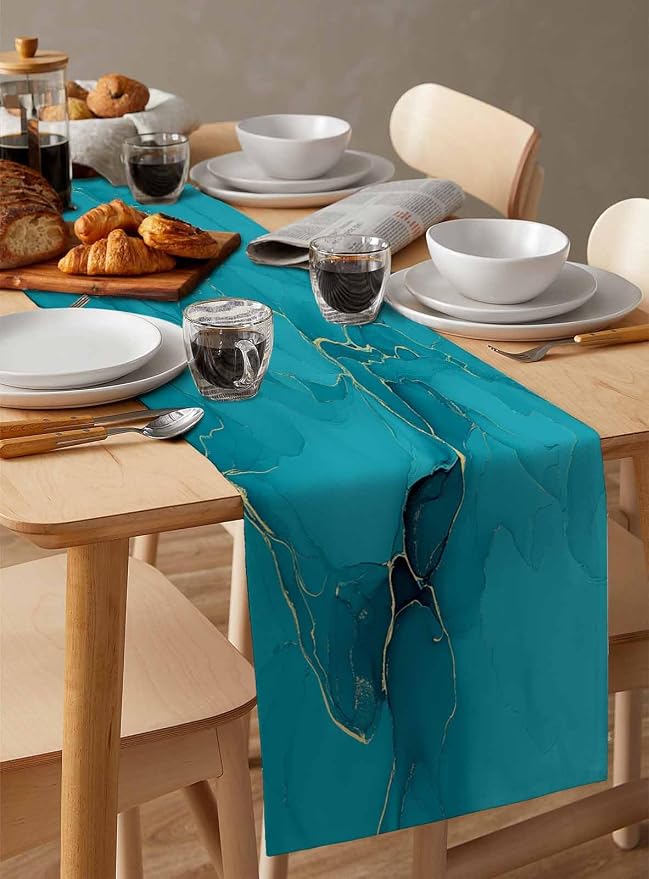 Teal Marble Table Runners 70 Inches Long, Turquoise Marble Crack Table Runner - Image 3