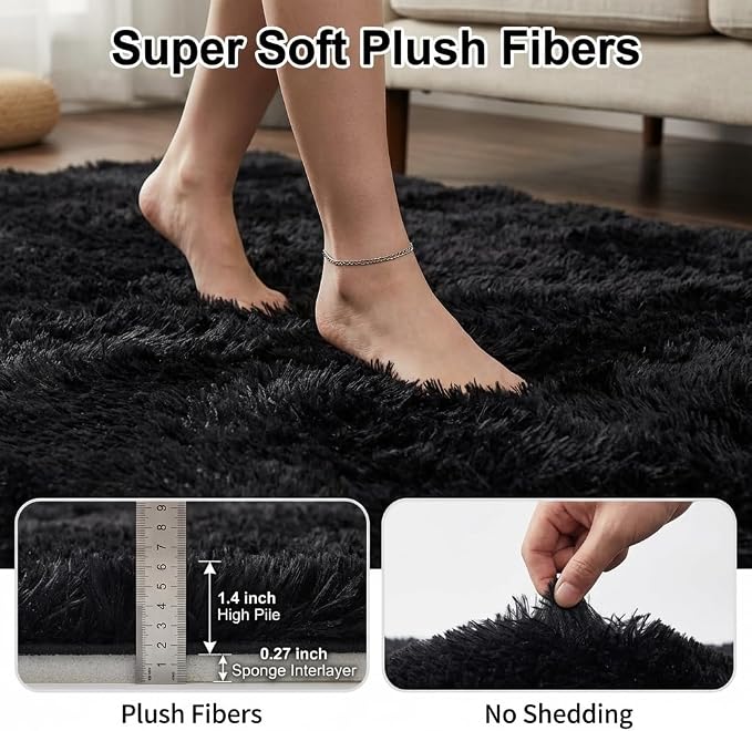 Mugorn Black Rugs for Bedroom, 3x5 Feet Fluffy Area Rugs for Living Room - Image 3