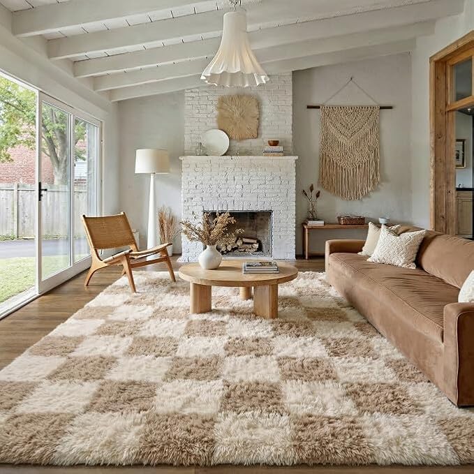 PureCozy Beige 8x10 Area Rugs for Living Room Soft Shag Checkered Large Rug by PureCozy