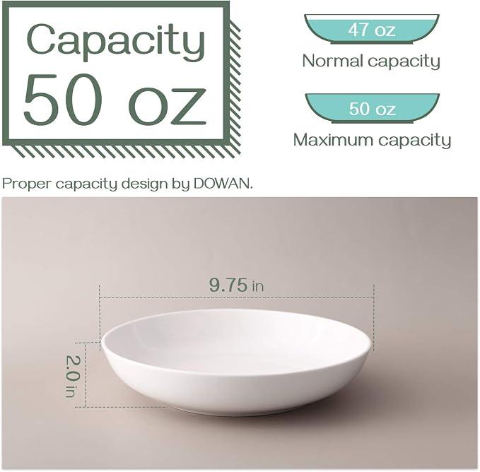 DOWAN 9.75" Pasta Bowls Set of 4, Large Shallow White Ceramic Salad Bowls - Image 2