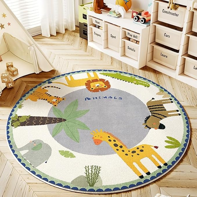Poowe Cute Animals Kids Room Rug, 31.5" Round Washable Area Rugs Nursery Carpet by Poowe