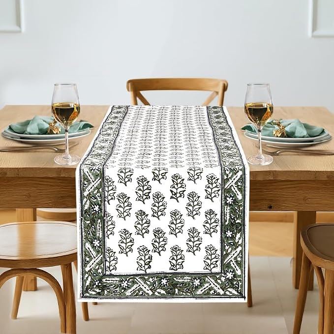 Evergreen Hand Block Print 100% Cotton Reusable Table Runner 16" X 70" Inches by Ridhi