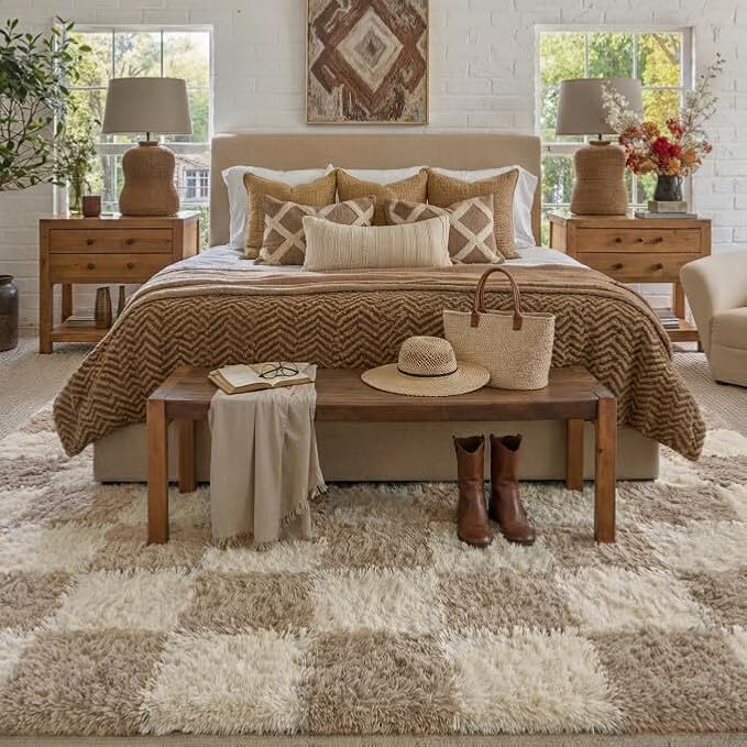 PureCozy Beige 8x10 Area Rugs for Living Room Soft Shag Checkered Large Rug - Image 3