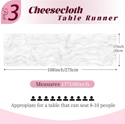 3 Pack White Cheesecloth Table Runner, 17 x 108 Inch, Gauze Cheese Cloth Table - Image 2