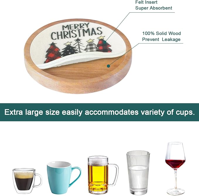 Christmas Tree Coasters for Drinks, Minacun Absorbent Coaster Set of 5 - Image 5