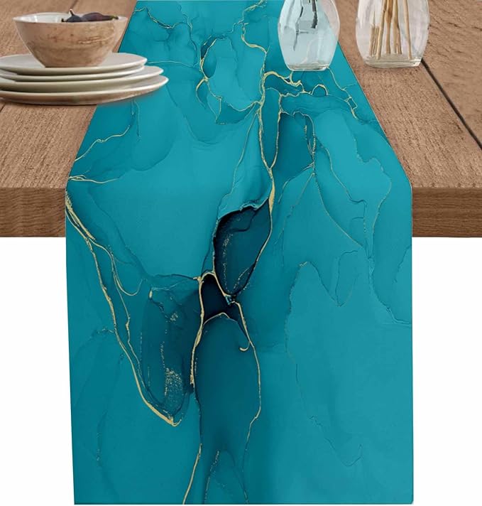 Teal Marble Table Runners 36 Inches Long, Turquoise Marble Crack Table Runner by Unknown