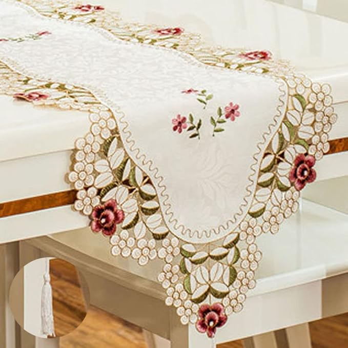 LeLehome 15 Inch X 58 Inch Classic Beige Table Runner, Flowers Embroidered Red - Image 2