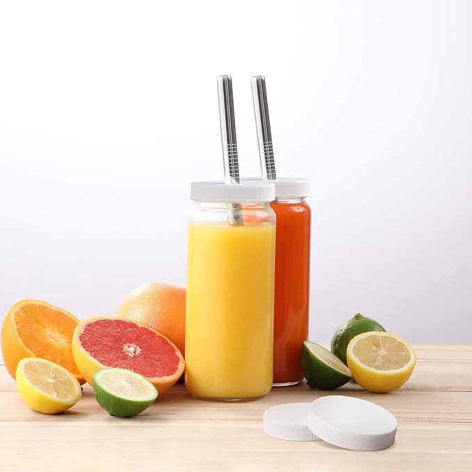 Glass Juicing Bottles with 2 Straws & 2 Lids w Hole- 16 OZ Travel Drinking Jars - Image 6
