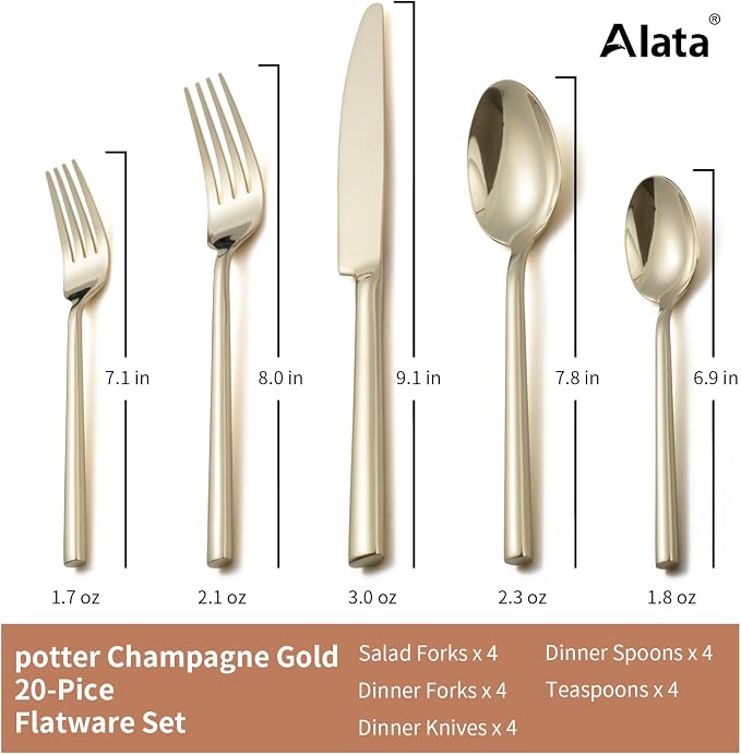 Alata Potter Champagne Gold 20-Piece Forged Silverware Set, Service - Image 4