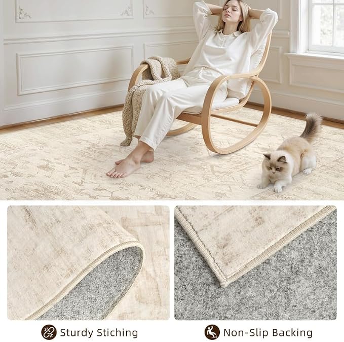 Round Area Rug for Living Room: 6ft Vintage Boho Neutral Washable Circle Rug - Image 7