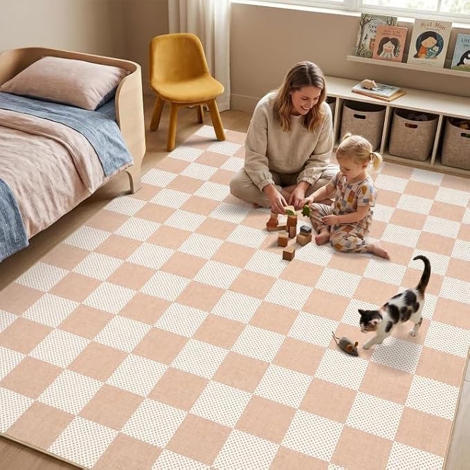 GarveeHome Checkered Blush Beige Neutral Nursery Kids Playroom 5x7 Washable Rug - Image 2