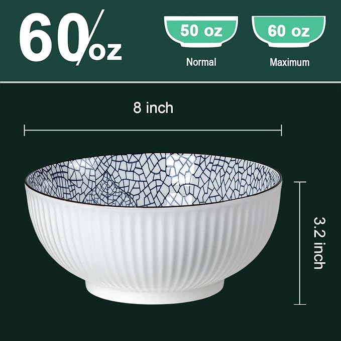 QINLANG Large Soup Bowls, Pho & Ramen Set of 3, 60 oz Blue & White Porcelain - Image 2