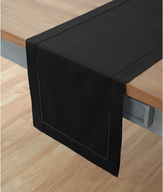 Solino Home Cotton Linen Dining Table Runner Black Hemstitch, 14 x 108 in | - Image 2