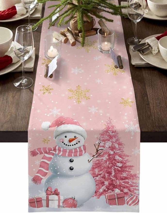 Pink Christmas Snowman Short Table Runners 48 Inches, Cotton Linen Fabric by Edwiinsa