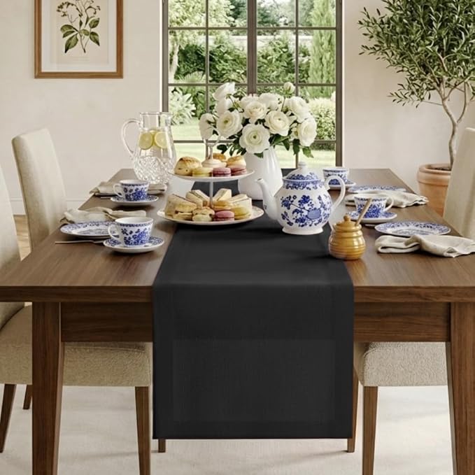 Classic Linen™ by D'Moksha Black Table Runner 72 Inches Long, 100% Pure Linen by DMokshaHomes