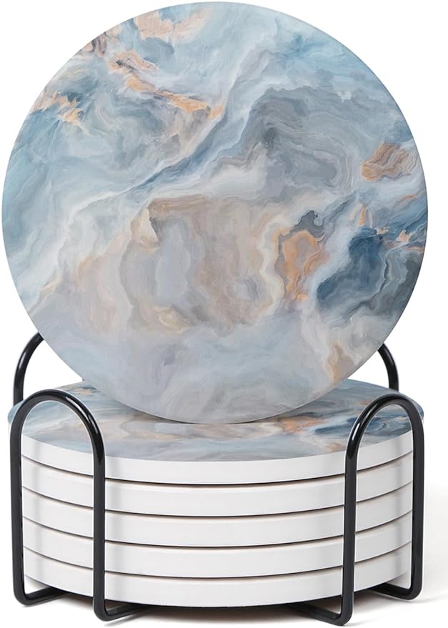 Set of 6 Abstract Blue Marble Coasters by Hoomey