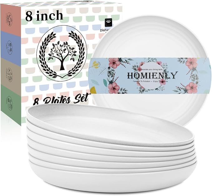 Wheat Straw Plates, 8 Inch Dessert Plates Set of 8, Unbreakable White Round by HOMIENLY
