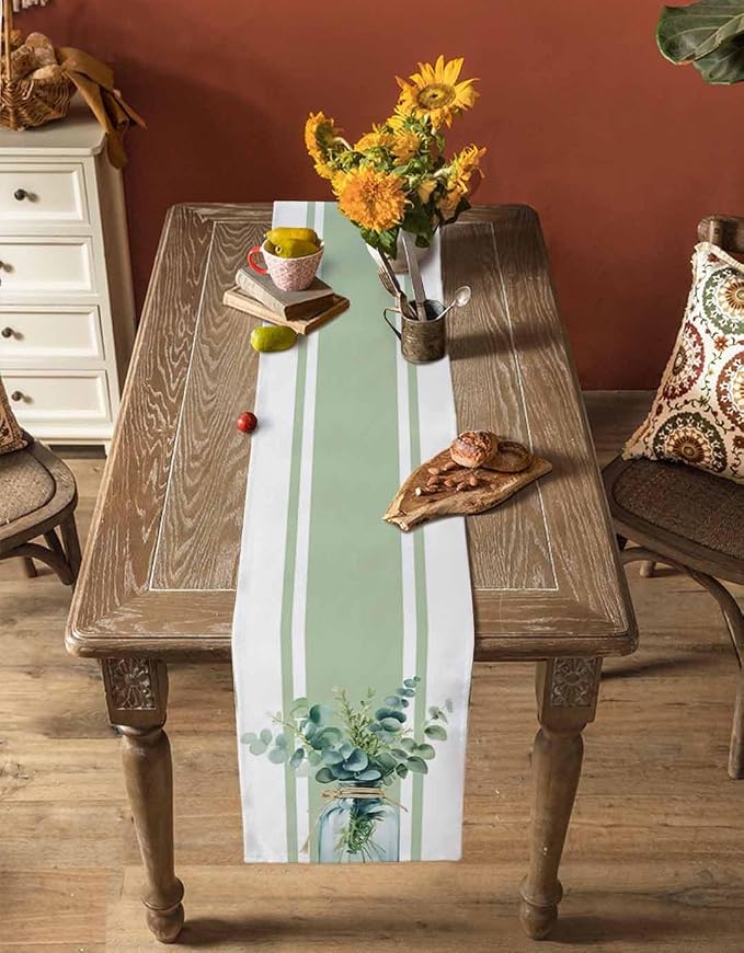 Sage Green Eucalyptus Leaves Table Runners 36 Inches Long, Farmhouse Stripe - Image 4