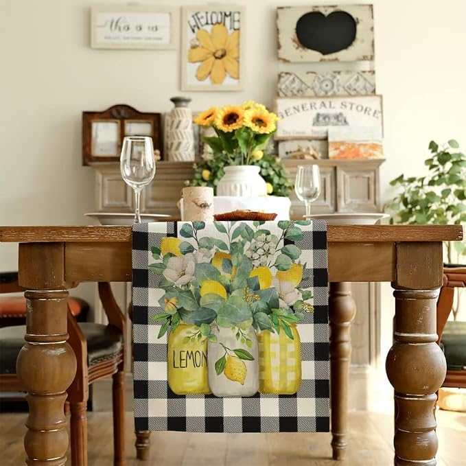Black Buffalo Check Summer Table Runner 72 Inch, Lemon Vase Spring Farmhouse - Image 4