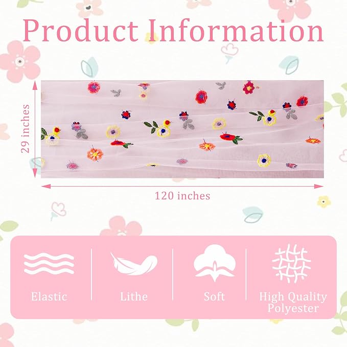 BINBE 1pcs Pink Daisy Spring Table Runner Embroidery Gauze 10FT Florals - Image 4