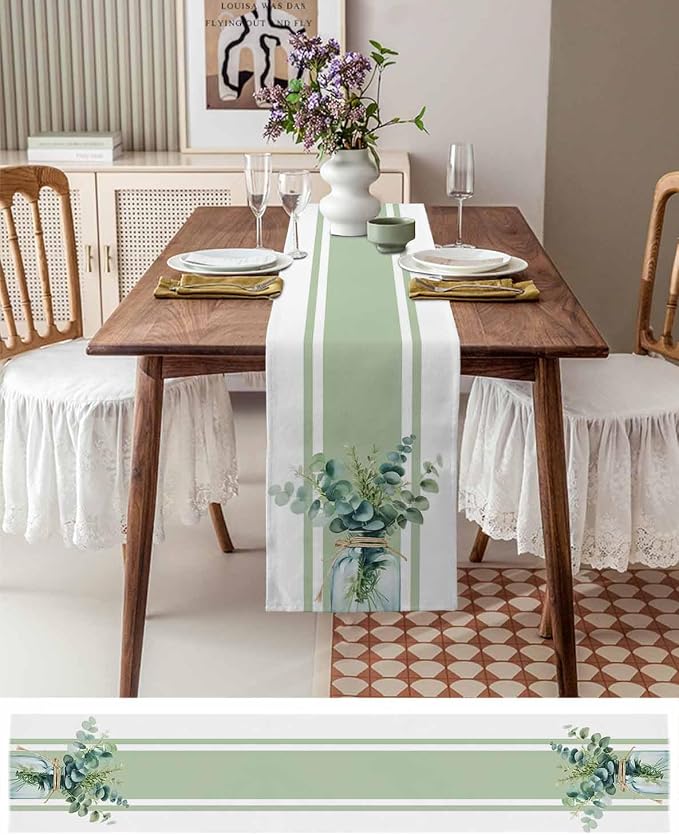 Sage Green Eucalyptus Leaves Table Runners 48 Inches Long, Farmhouse Stripe - Image 6