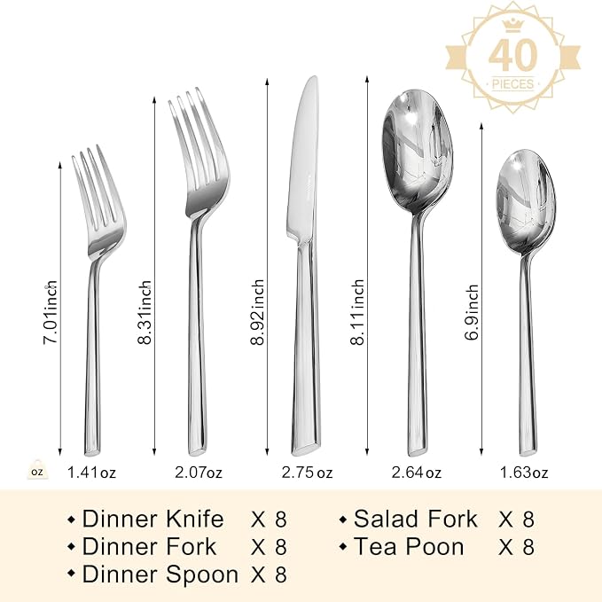 Silverware Set, 40-Piece Forged Flatware Cutlery Set Premium Stainless Steel - Image 2
