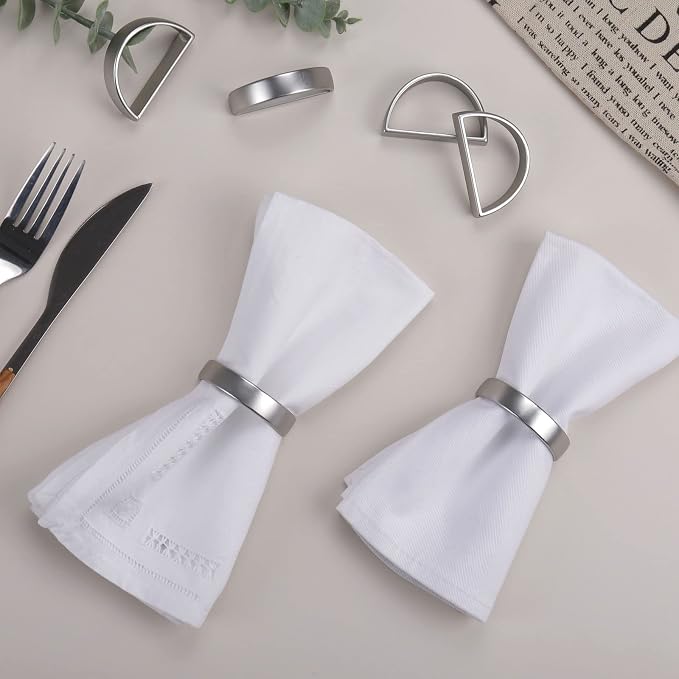Cuff Brushed Silver Napkin Rings Set of 4, Modernist Napkin Ring Holder - Image 3